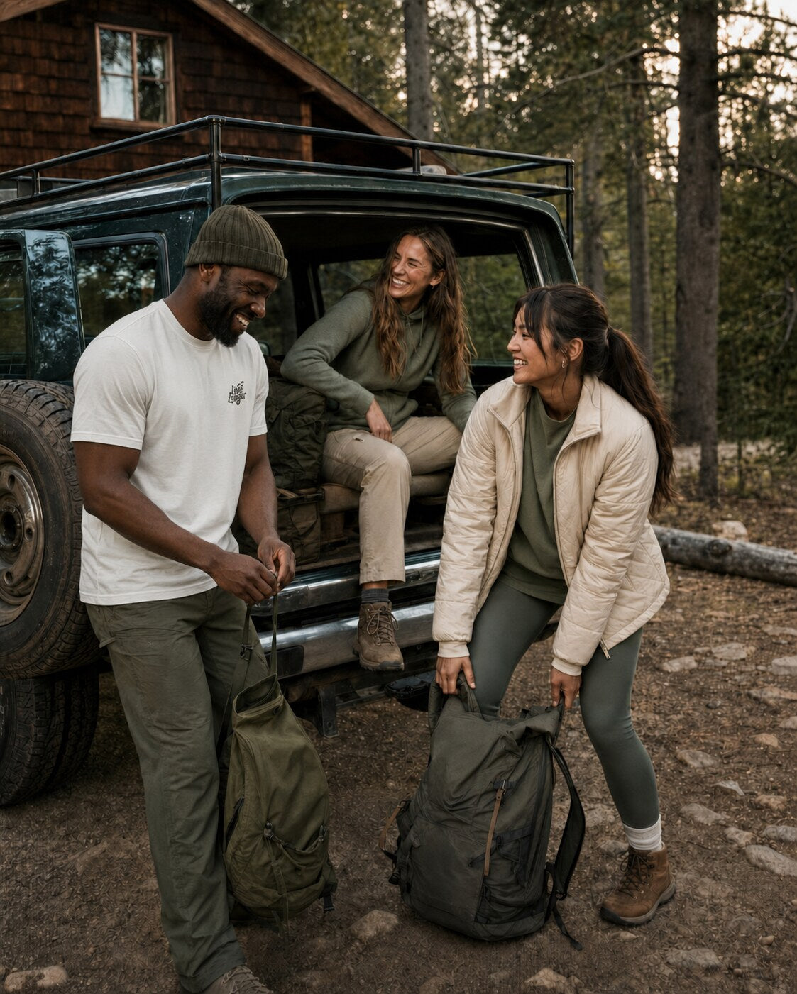 Friends in Live Longer clothing packing gear for an outdoor weekend