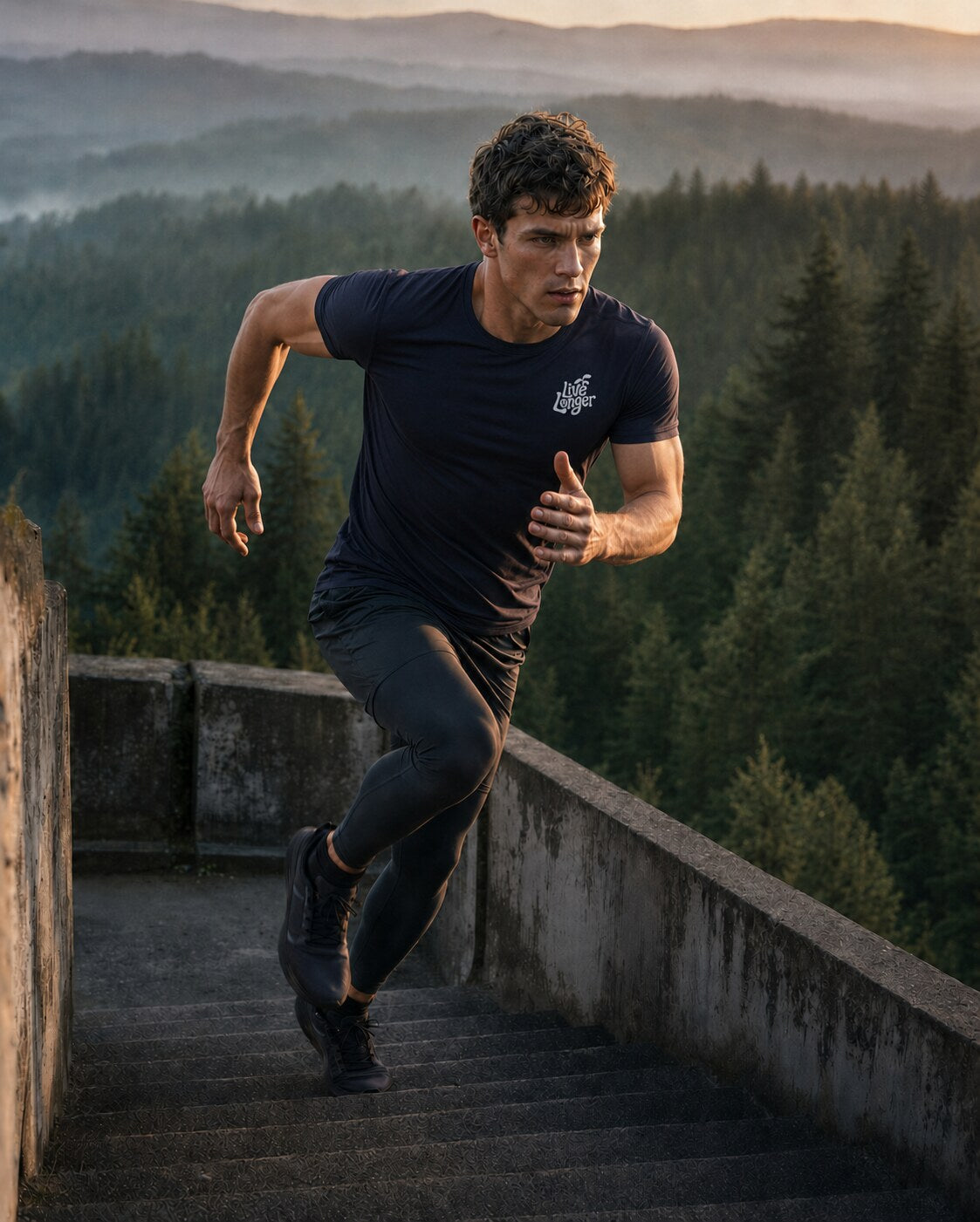 Athlete wearing a navy Live Longer T-shirt while sprinting outdoor stairs