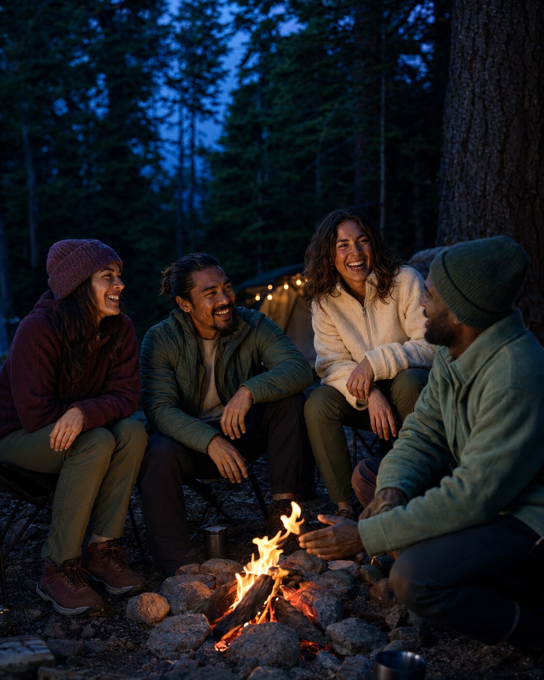 Friends sharing a quiet campfire beneath evergreen trees