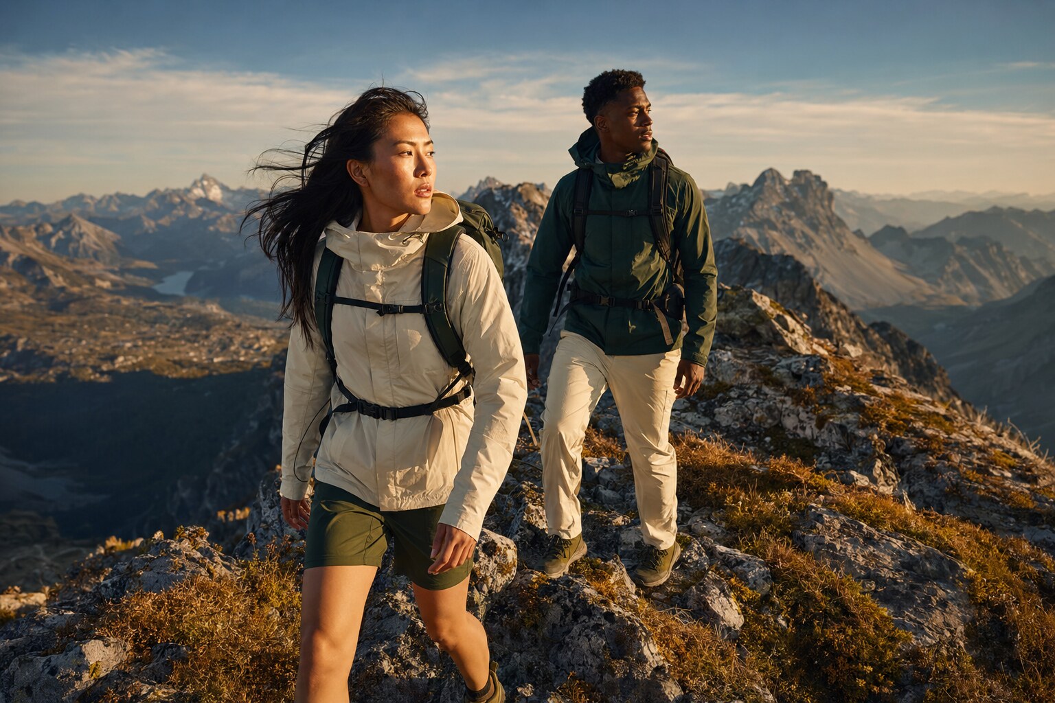 Two hikers moving along an alpine ridge in warm morning light